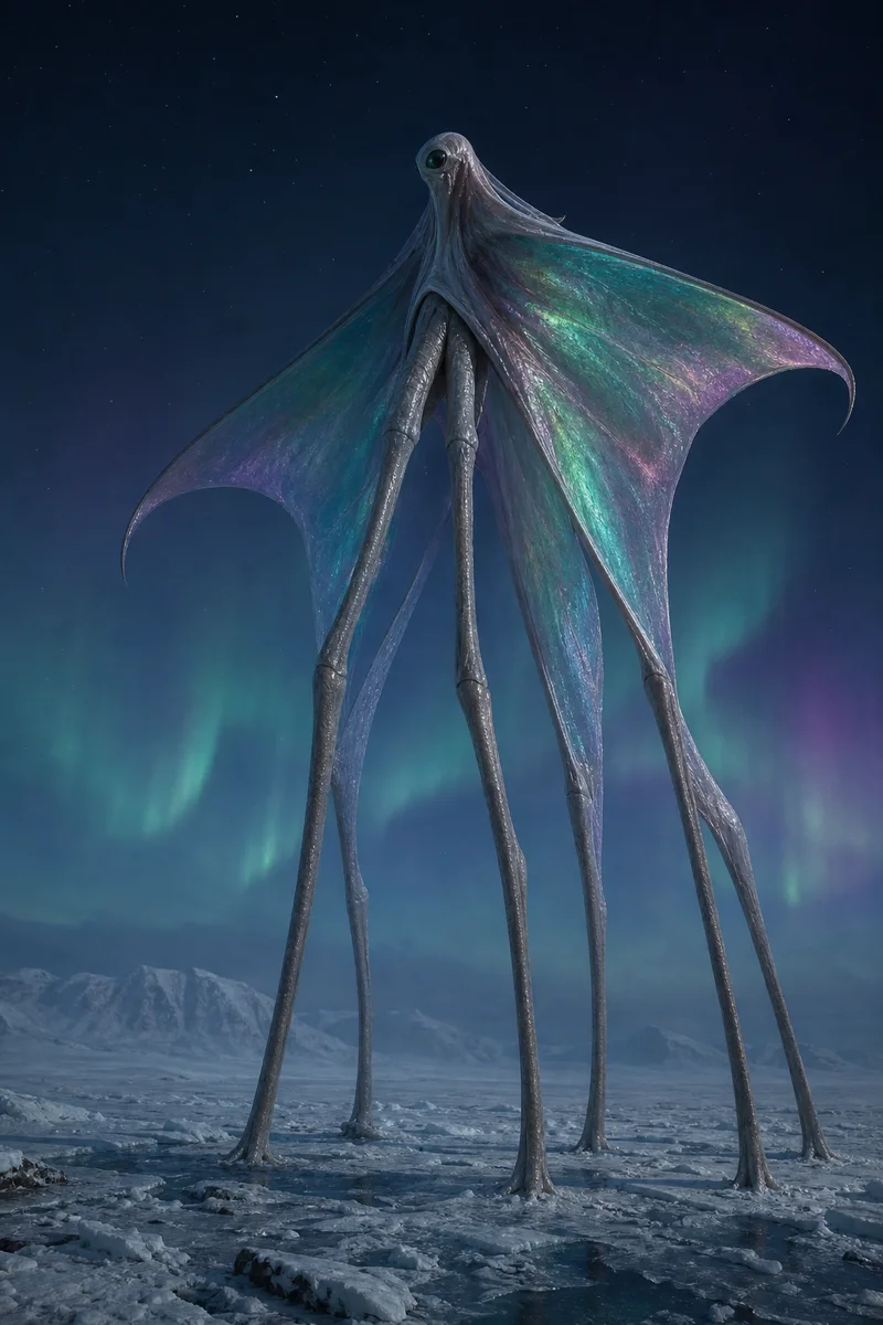 Aurora Mantle Strider — imagined extraterrestrial life-form illustration, not real on Earth or any exoplanet | DinoLifePedia