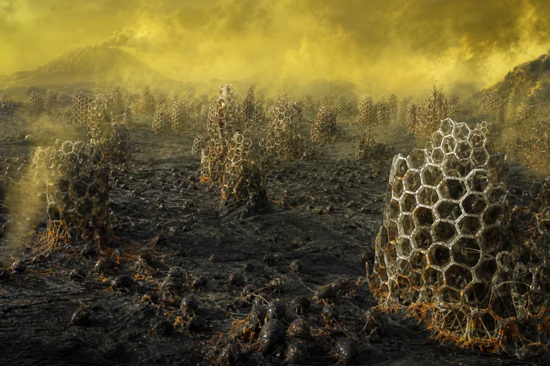 Basalt Hive Weaver — imagined extraterrestrial life-form illustration, not real on Earth or any exoplanet | DinoLifePedia