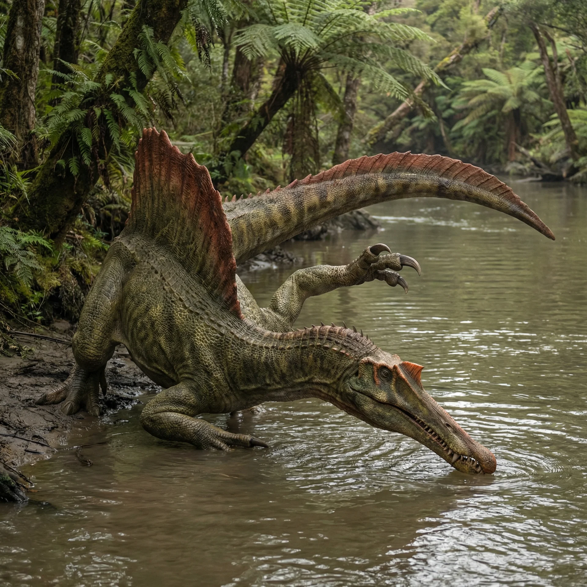 Spinosaurus mirabilis (Spinosaurus mirabilis) — Dinosaurs · Cretaceous Period prehistoric life illustration | DinoLifePedia