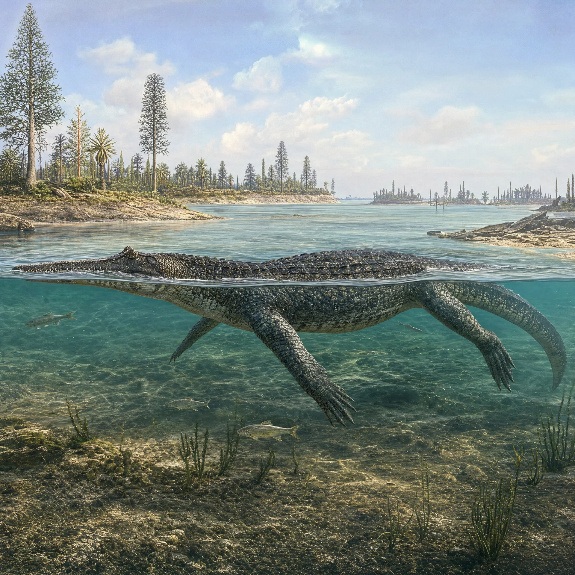 Mystriosuchus | Marine Reptiles · Triassic Period · prehistoric Mystriosuchus (Mystriosuchus planirostris) — Marine Reptiles · Triassic Period prehistoric life illustration | DinoLifePedia