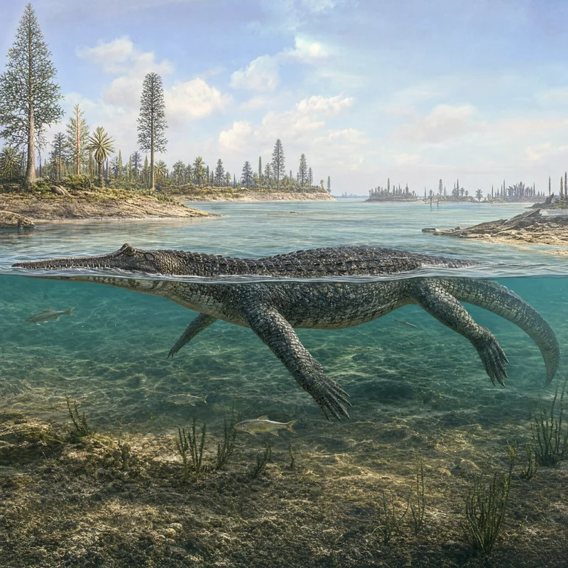 미스트리오수쿠스 (Mystriosuchus planirostris) — 해양 파충류 · 트라이아스기 고생물 일러스트 | DinoLifePedia